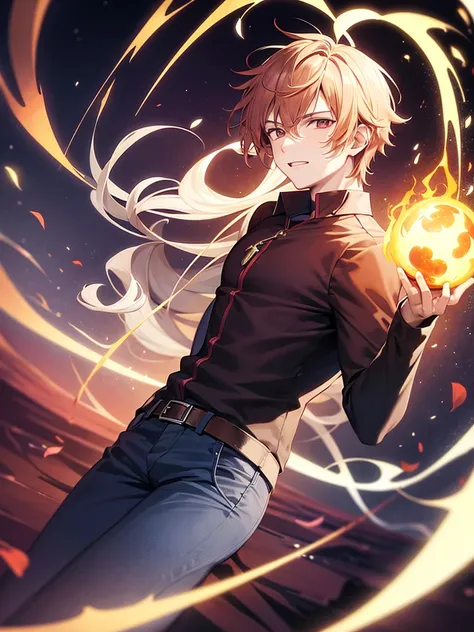 Anime, young guy, demon, holds fireball in his hands near his chest