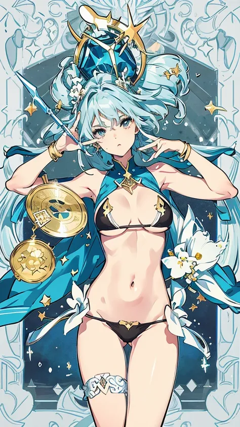 Aquarius、Light blue hair、tarot cards,Hands together,Vulcan salute,attention, There is a halo behind the head,finely_detailed, perfect_Body, perfect_Eye, perfect_Face, perfect_finger,Yu-Gi-Oh card game style、(((Voluminous breasts 1.8)))、(((micro bikini 1.4)...