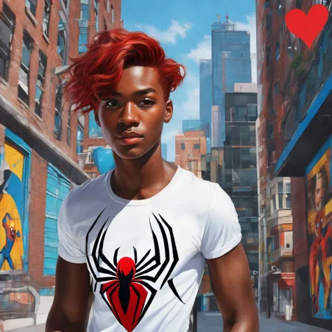 Make me a realistic panel image of a red-haired boy, Black-skinned, naughty man, rosto angelical, red hair, blue colored eyes, and effeminate structure, and wearing a short white top t-shirt showing her slim waist with a heart design with Spiderman&#39;s f...