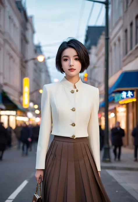 Cute young woman, Black short hair, Brown eyes, Queen,Pleated skirt suit,Street Lights,Neon,Bustling street background,(Umbilical cord:1.1,Princess Eyes), noble, Royal Family, high quality, masterpiece, Very detailed