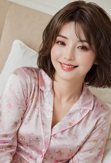 (Top quality, masterpiece: 1.3), Girls: 1, Sexy: 1.5, Bob Hairstyle, Brown hair: 1.3, (Wet: 1.2), pajamas, beautiful, cleveage, Extremely detailed face, Delicate lips, Delicate eyes, Double eyelids, Sexy, Smile, beautiful Legs