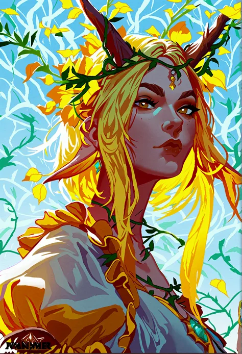 simple style, valorant style,(character concept art),  yellow medieval summer girl, concept, vines on the hand and horns from vines, (full body)