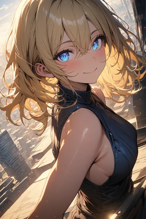 masterpiece, best quality, extremely detailed face, extremely detailed, handsome girl, solo, blonde hair, blue eyes, bright eyes, high neck, sleeveless, smile, perfect lighting, best angle, city