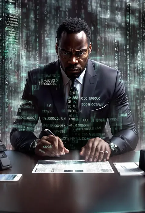 Scared black man in a suit sitting in his luxurious office staring at his phone, framed hologram phone messages floating around him, the messages with words "0 balance" can be seen by the viewer, 32k, ultra HD, unreal engine rendered, cinematic lighting 