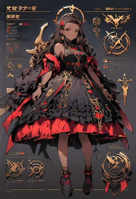 Framed Presentation of a mage, woman character design sheet, with detailed accessories, shoes, multiple weapons, and colorful cyberpunk dresses, Ball Gown, high tech, staffs, full body