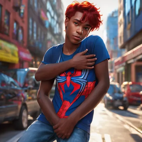 a red-haired boy, black-skinned, naughty man, angelical face, red hair, blue eyes, effeminate build, wearing short white top t-shirt with Spiderman face heart design, hugging Spiderman, realistic, detailed, highly detailed, photorealistic, 8k, masterpiece,...