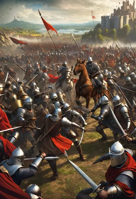 An epic fantasy book cover featuring medieval armies fighting each other