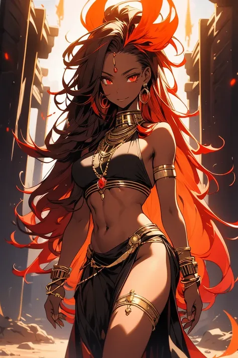 ultra-detailed, Masterpiece, firey colors, gentle studio lighting, dark skin, black woman, red fiery hair gradient of orange at tips, futuristic desert landscape, goddess of sun, goddess of victory, smirking, full body, muscles, gold jewelry, west African,...