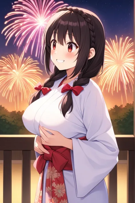 alone, One girl、Crown braids in the same color as your hair, hair ornaments, Hair Ribbon,(A light blue kimono with a red floral pattern and a red obi.)、Red Eyes、Black Hair、(blush:1.4)、(Surprised smile:1.6)、Larger breasts、(Watching the fireworks)