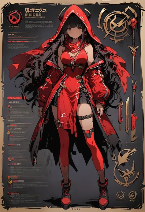 Framed Presentation of a mage, woman character design sheet, with detailed accessories, shoes, multiple weapons, and colorful cyberpunk dresses, high tech, staffs, full body