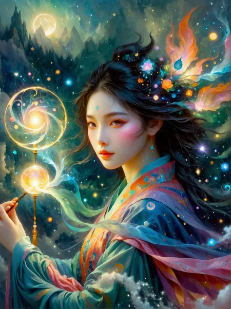 An imaginative scene depicting a youthful female sorceress of East Asian descent, named My, She is powerfully invoking magical spells with her eyes sparkling with arcane energy, Her enchantments are birthing a fresh, ethereal realm, The realm manifests as ...