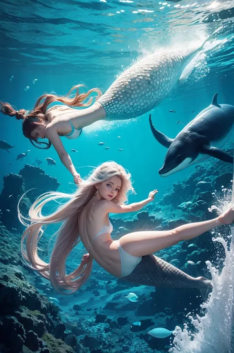 Create the seabed with a mermaid and a whale
