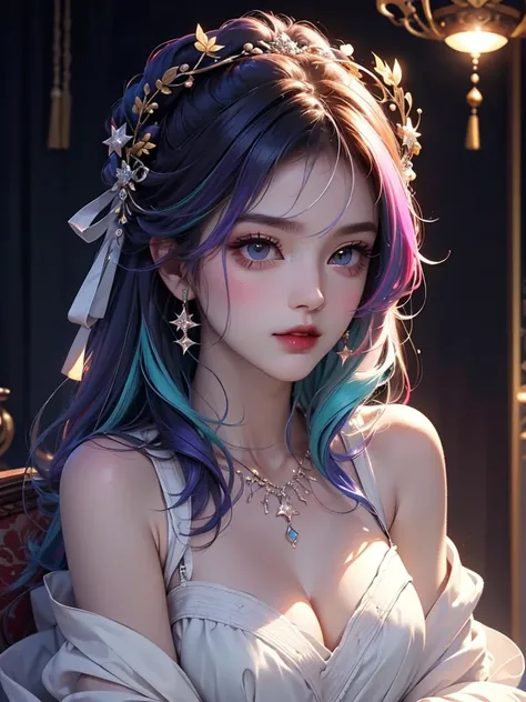 best quality, masterpiece, high resolution, 1 Girl,flirtatious，Seven colored hair，Oily and shiny lips，The transparency of clothes，（Show your shoulders），（chest），detail，（Upper Body）,Star-shaped pupil,china hanfu,Hair accessories,necklace, Jewelry,Pretty Face...