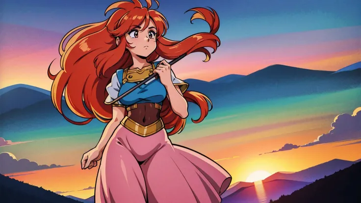 A 16:9 anime-style illustration depicting a female bard on her journey at sunset. The bard is dressed in flowing, colorful attire, with a musical instrument, such as a lute or harp, slung over her back. She is walking along a path through a vast grassland,...