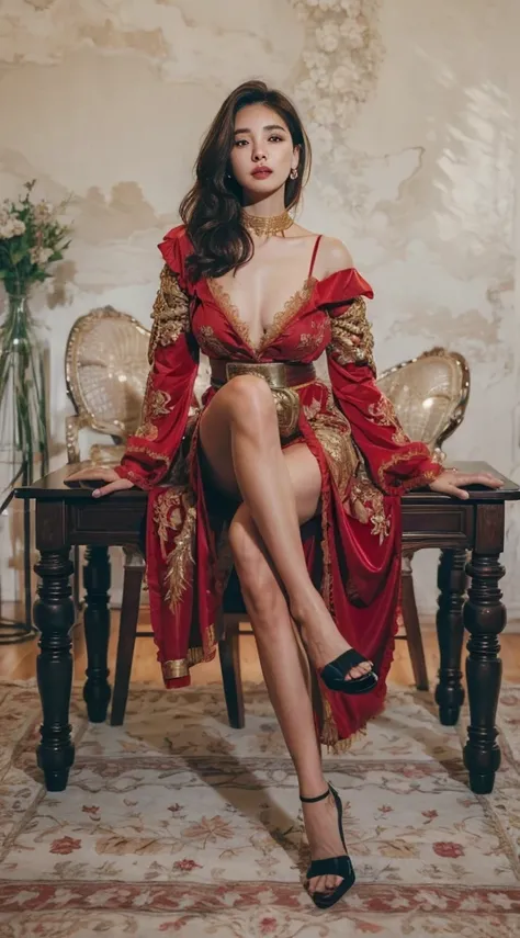 A woman in a red dress sits at the table, fully clothed in red robes, wearing gilded red robes, red robe, Gorgeous red and gold dress, bold crimson ornate robes, Fascinating and alluring, ornate flowing robe, Gorgeous crimson ornate costume, robe. extremel...