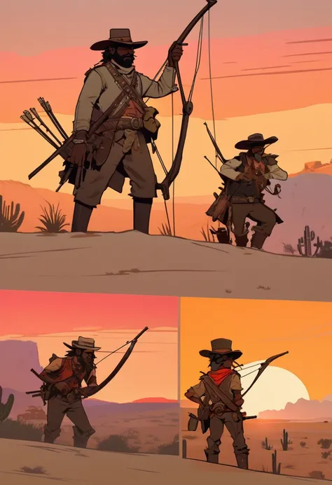 score_9, score_8_up, score_7_up, score_6_up, score_5_up, score_4_up, 1man, Western, far away, Wild West, red dead Redemption, cartoon art style, Light brown skin, Indian, wooden archery, Hunting, desert, sunset, orange and red sun, little bunny, indium
