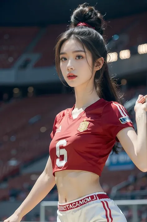 (((best quality))), (((ultra detailed))), (((masterpiece))), illustration,(a beautiful girl,female footballer,solo),(short ponytail:1.2),Spanish team,(short sleeves:1.2),((red jersey, blue shorts)),((slim,thin)),((small breasts,flat chest))),(slender legs:...