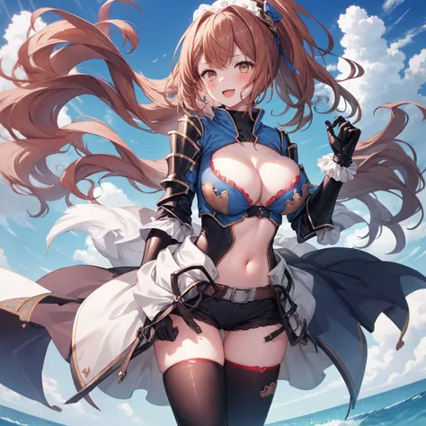 masterpiece, best quality, 1teen_girl,def,beatrix, ponytail, hair ribbon, gauntlets, blue shirt, gloves, cleavage cutout, looking at viewer, big_smile, large breasts, sky ,,happy,covered_nipples,young_teen,full_of_beans,,laugh,blush,open_mouth,thigh-highs,...