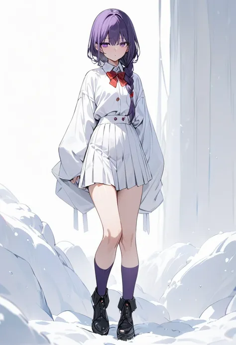 masterpiece, (bestquality), highlydetailed, cold, calm, gentle, expressionless, solo, (detailed eyes), (1 young woman), dark purple hair, very long single braid, (no hair ties), bright purple eyes, (white collared shirt with white furisode sleeves), thin r...