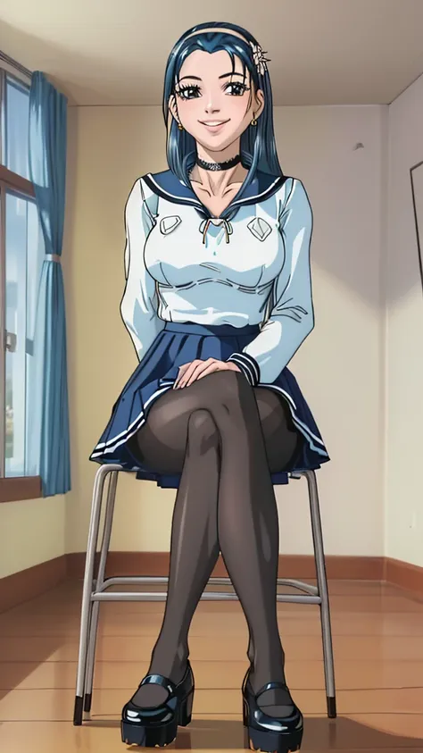 glamour photo of official art, a gorgeous girl, sitting on table, (view from below:1.2), school, classroom, (full body shot:1.2)...