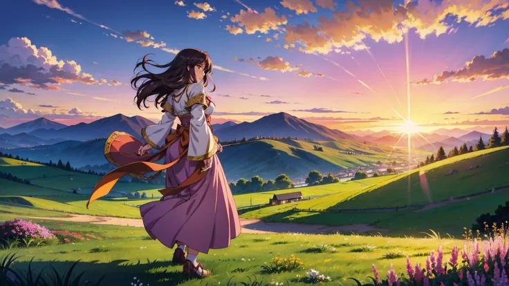 a 16:9 anime-style illustration depicting a female bard on her journey at sunset. the bard is dressed in flowing, colorful attir...