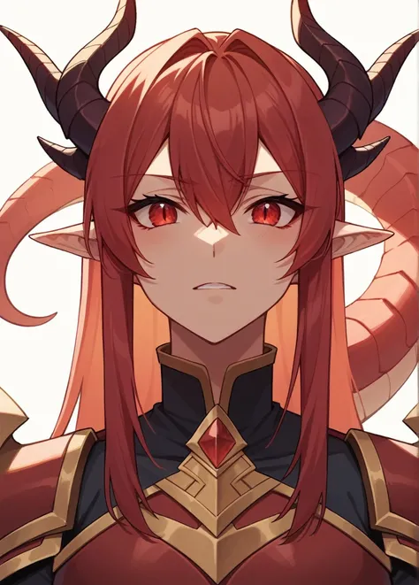 1 girl, 29 years old, long hair, two dragon horns, red hair, red eyes, gradient, red aura, dragon armor, 2d, masterpiece, best quality, anime, highly detailed face, white background, perfect lighting, looking at viewver, portrait, dragonborn, beast lines f...