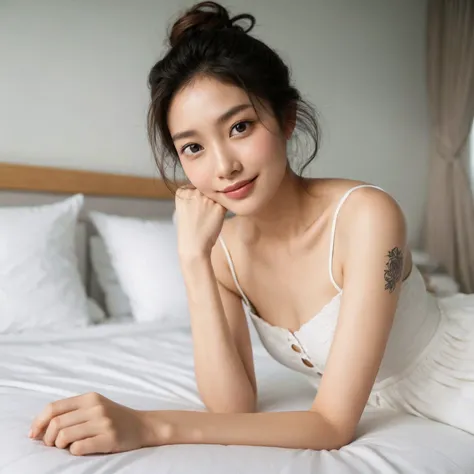 "A young asian woman with a fair complexion is sitting on a bed in a relaxed pose. She is wearing a white dress show cleavage. She has her hair styled in a bun and has a tattoo on her upper left arm. The room has a soft and neutral color palette, with a be...