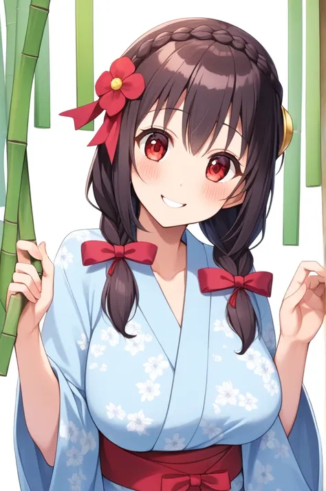 alone, One girl、Crown braids in the same color as your hair, hair ornaments, Hair Ribbon,(A light blue kimono with a red floral pattern and a red obi.)、Red Eyes、Black Hair、(blush:1.4)、(Happy smile:1.4)、Larger breasts、(Looking at the Tanabata bamboo decorat...