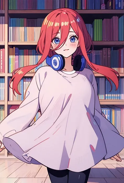 score_9, score_8_up, score_7_up, score_6_up, source anime, manga bookshelf, kumipnxl, nakano miku, 1girl, Sfw, 4K, 8K, dynamic picture, miku nakano, miku sitting in her room, long fluffy hair, blue headphones, manga bookshelf behind her, showing off her ma...