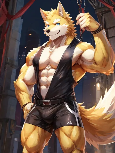 Kemono Wolf, yellow fur, blue eyes, handsome, smile muscle, cool, Black sports shorts,Not wearing a shirt, full body image