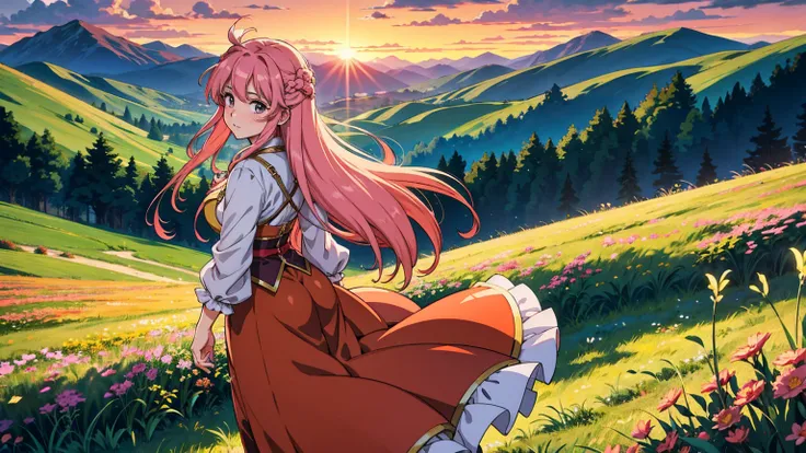 A 16:9 anime-style illustration depicting a female bard on her journey at sunset. The bard is dressed in flowing, colorful attire, with a musical instrument, such as a lute or harp, slung over her back. She is walking along a path through a vast grassland,...