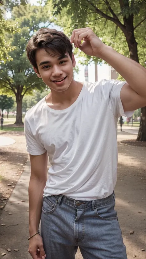  A selfie of a young man who took a photo in a park and appears happy in the photo, wearing a plain white t-shirt and sticking his tongue out.