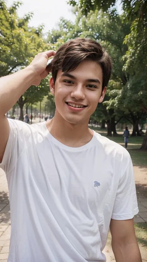  A selfie of a young man who took a photo in a park and appears happy in the photo, wearing a plain white t-shirt and sticking his tongue out.