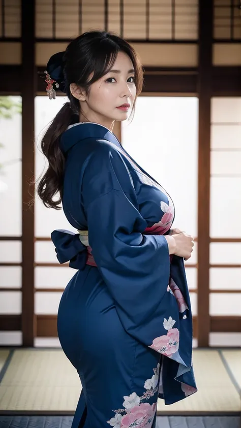 mature charming sexy woman,50 years old, ((kimono)),blue、(((kimono))),closure,((large breasts:1.2)),(facial wrinkles:1.3),light ...