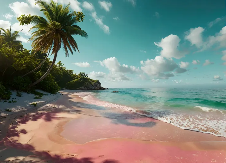 A beautiful beach landscape with a pink sand shore and a calm, green sea. The scene is devoid of people, capturing the serene and tranquil essence of the beach. The style is dreamy and aesthetic, with a focus on a high-quality, ultra-clear 8K resolution to...