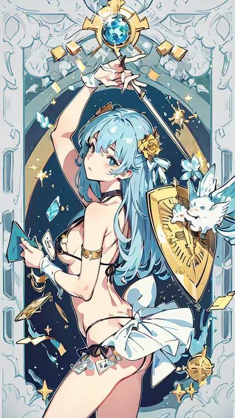 Pisces、Silver Hair、tarot cards,Hands together,Vulcan salute,attention, There is a halo behind the head,finely_detailed, perfect_Body, perfect_Eye, perfect_Face, perfect_finger,Yu-Gi-Oh card game style、(((Voluminous breasts 1.8)))、(((micro bikini 1.4)))、(Sa...