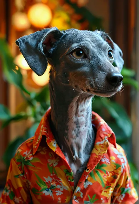 ピクサー映画風の愛らしい灰色のItalian Greyhound, Cinematic lighting, Depth Detection, Very detailed, 8K quality. Over a hundred on one hand，Upper body male, Better Quality, Human-like body shape), Wear an Aloha Shirt,Italian Greyhound, Ears stand upright,Avatar Image, in...