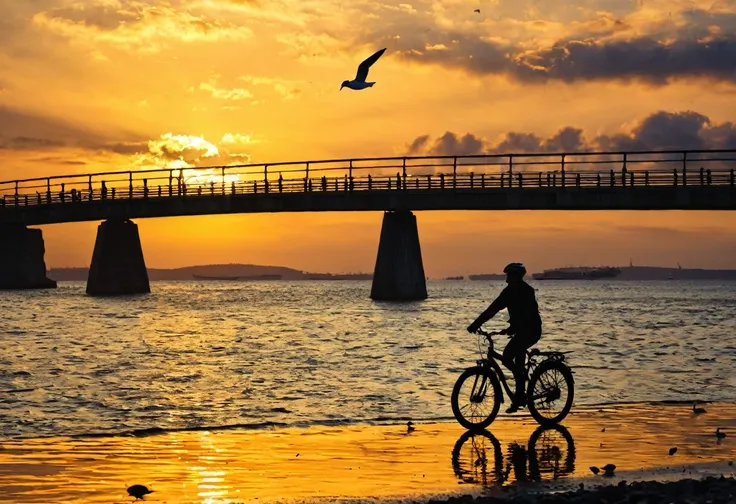 Sea，Sunset，Water surface gold，Sea surface，raw，Silhouette，uhd，，Bridge，Seagull，Clouds，bike
