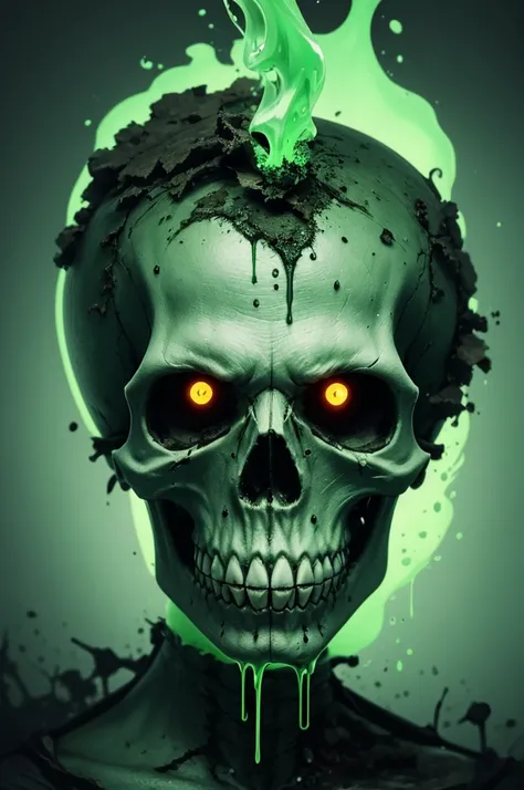 Create an image of a zombie-like skull with a tube of green liquid on its back 