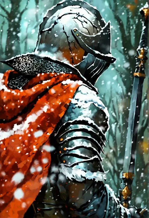 Create an impressionist painting of a spooky warrior knight, snow, Space Ash, Artistic, complicated,fog,Facing forward