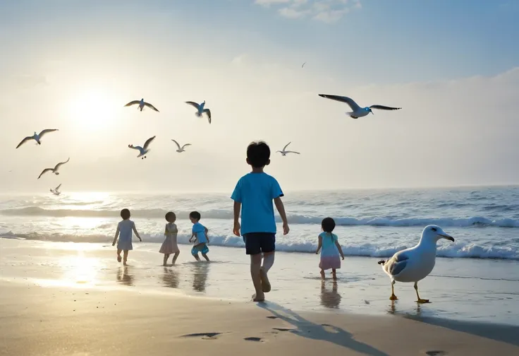 (best quality, 4K, masterpiece :1.3), summer、seaside、Beach、Morning Mist、Boys and girls playing in the sand、Seagull。