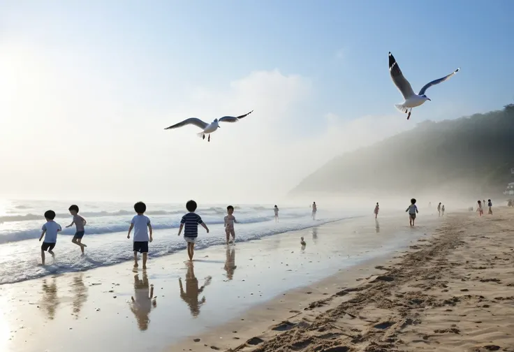 (best quality, 4K, masterpiece :1.3), summer、seaside、Beach、Morning Mist、Boys and girls playing in the sand、Seagull。