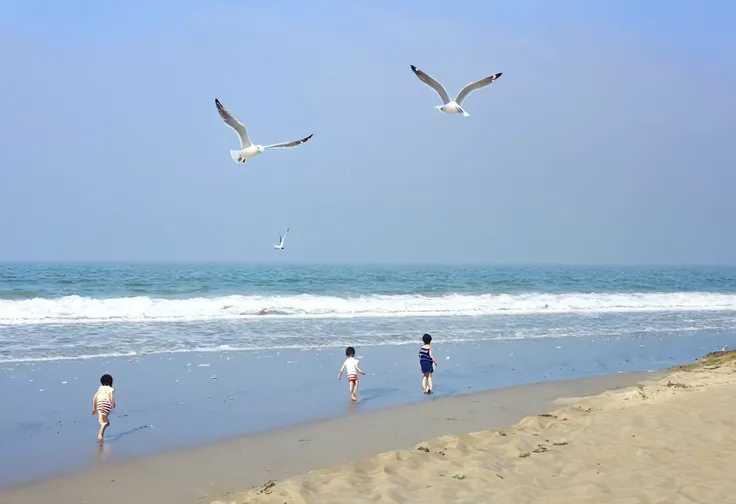 (best quality, 4K, masterpiece :1.3), summer、seaside、Beach、Morning Mist、Boys and girls playing in the sand、Seagull。