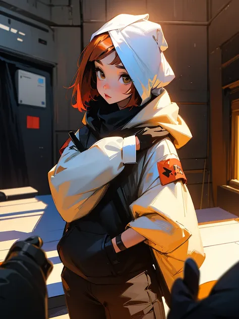 (((onli one woman))) girl with short red Bob style hair, white skin, light brown eyes, black gloves, black hoodie on head, black pants with straps [Girl using and looking at smartphone] background in room