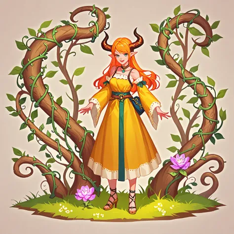 score_9, score_8_up, score_7_up, score_6_up, score_5_up, score_4_up, BREAK source_anime, yellow medieval summer girl, concept, vines on the hand and horns from vines, full body concept art