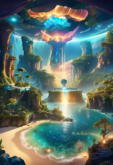 island in the sea, mountains, waterfalls, big VR, magical lights, fanciful