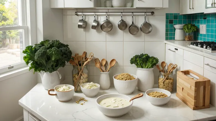 A vibrant kitchen scene featuring a variety of calcium-rich foods arranged on a countertop: a jug of milk, blocks of cheese, bowls of yogurt, kale, broccoli, a carton of plant-based milk, tofu, and cereals. The background includes colorful kitchen tiles an...