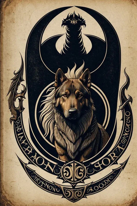 I need a stylized shield with a German Shepherd, similar in style to the House Targaryen crest of "House of the Dragon". The background must be black, and the German Shepherd must be light brown. The design must include a detailed, stylized silhouette of t...