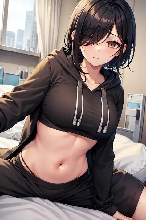 mature women, hair over one eye, black hair, golden eyes, Tomboy, lying on stomach, hospital bed, hoodie, sweatshorts, large breasts, looking at viewer, hospital background, window