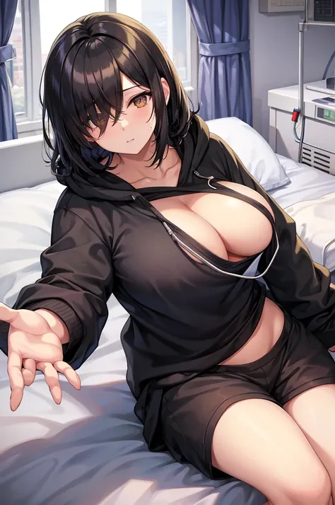 mature women, hair over one eye, black hair, golden eyes, Tomboy, lying on stomach, hospital bed, hoodie, sweatshorts, large breasts, looking at viewer, hospital background, window